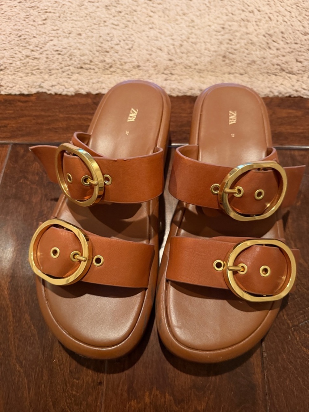 ZARA Tan Double-Buckle Slide Sandals with Gold Rings